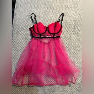Victoria's Secret Vibrant Pink and Black Mesh Chemise